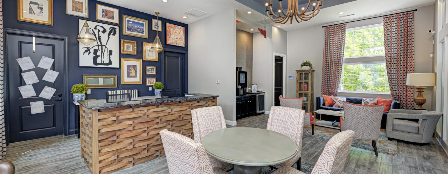 a room with a table and chairs